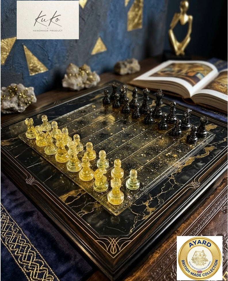 Chess Set Decorative Gift KuKo Handmade Gold Black Epoxy Resin Board AYard