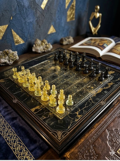 Handmade Gold & Black Resin Chess Board Set
