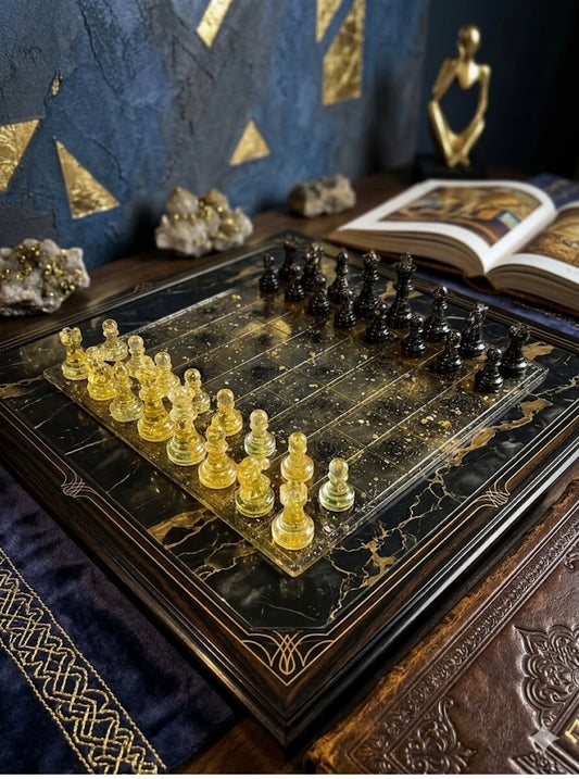 Handmade Gold & Black Resin Chess Board Set