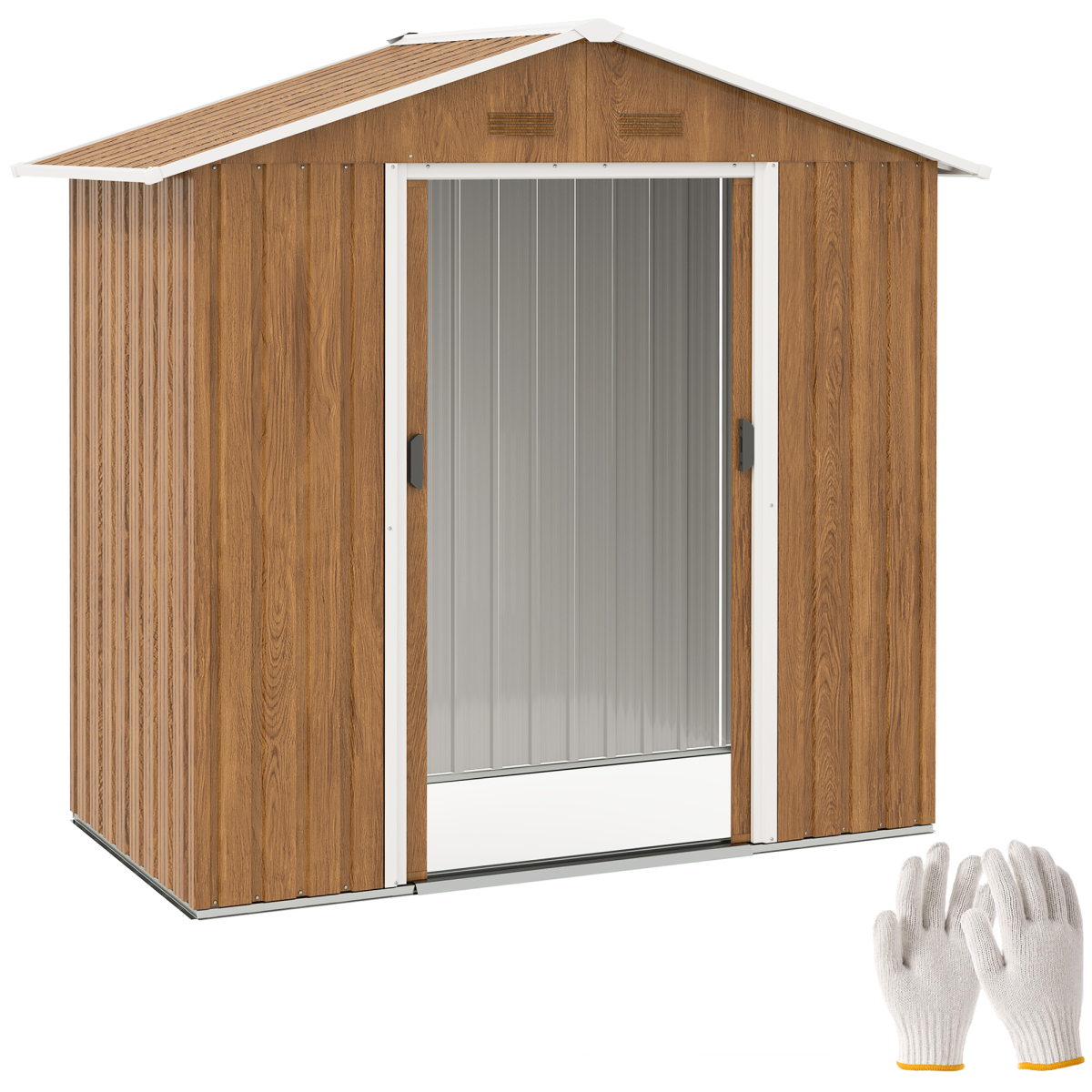 6.5x3.5ft Metal Garden Shed for Garden, Brown Wood Effect