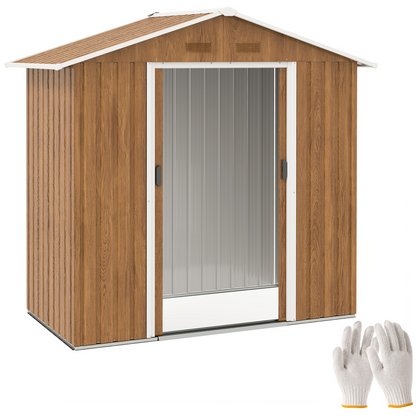 6.5x3.5ft Metal Garden Shed for Garden, Brown Wood Effect
