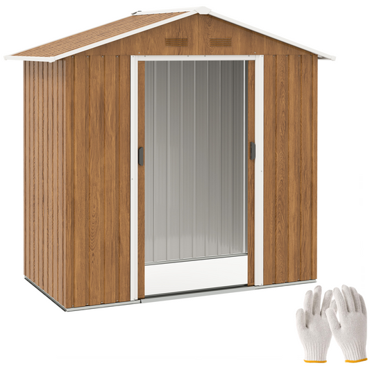 6.5x3.5ft Metal Garden Shed for Garden, Brown Wood Effect