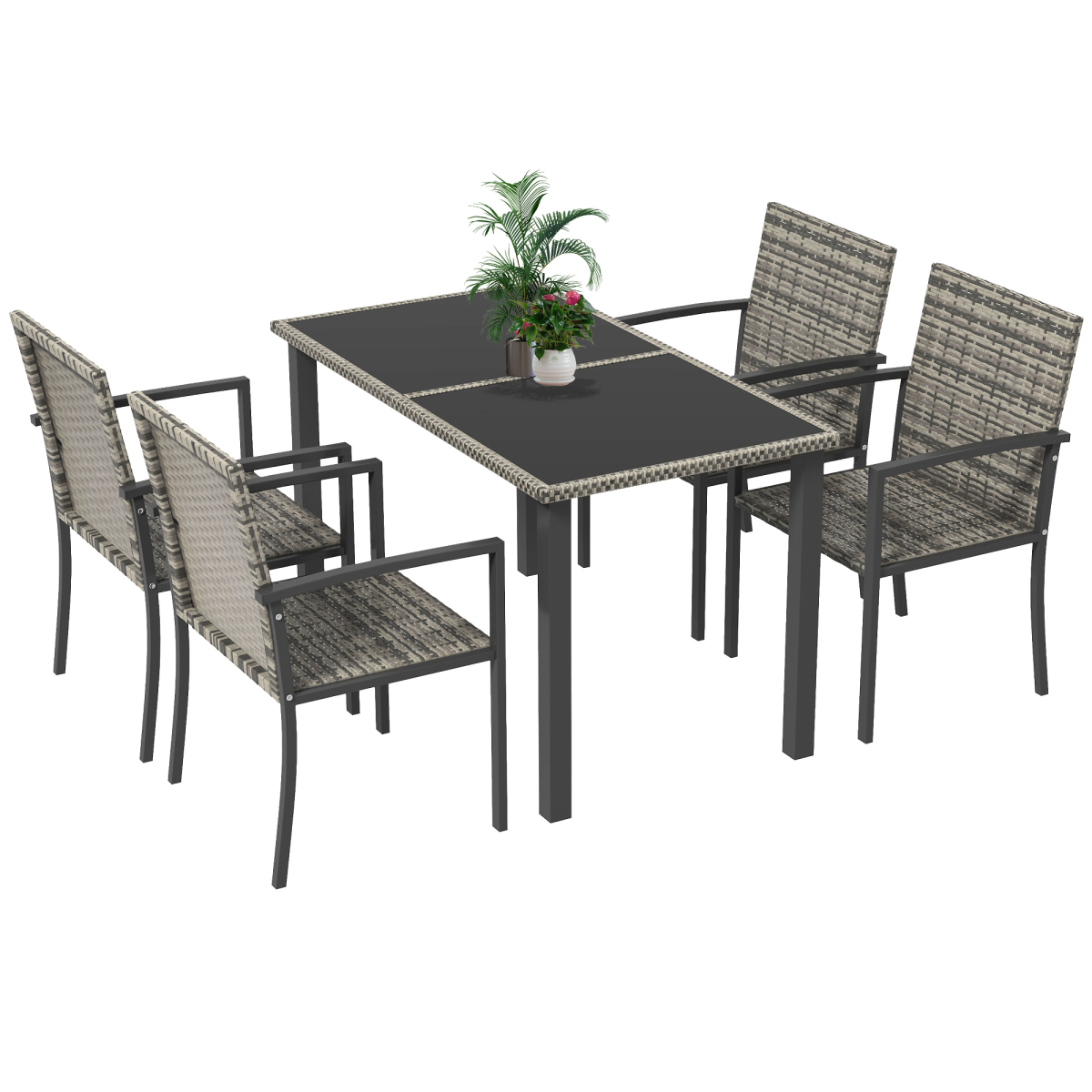 4 Seater Rattan Garden Furniture Set with Glass Tabletop - Mixed Grey