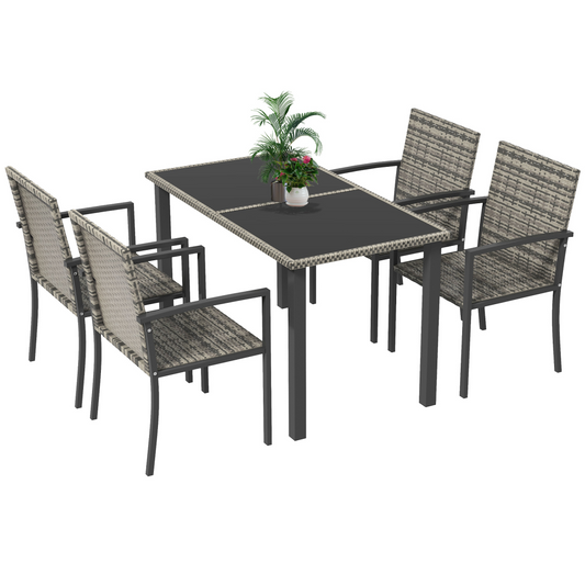 4 Seater Rattan Garden Furniture Set with Glass Tabletop - Mixed Grey