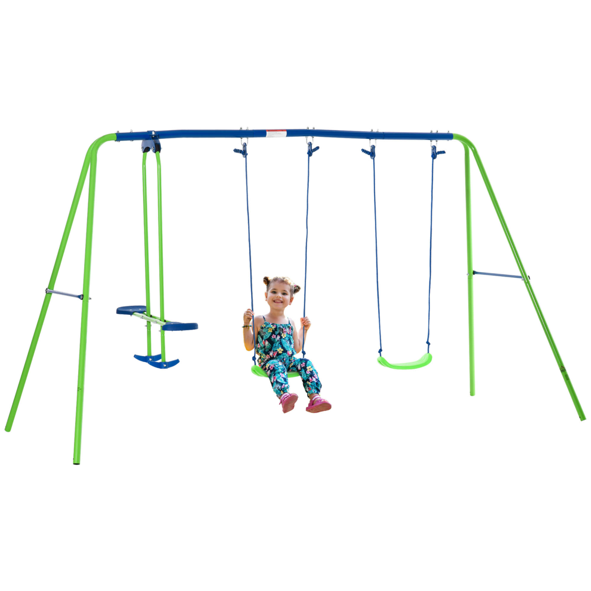Metal 2 Swings & Seesaw Set Height Adjustable Outdoor Play Set, Green