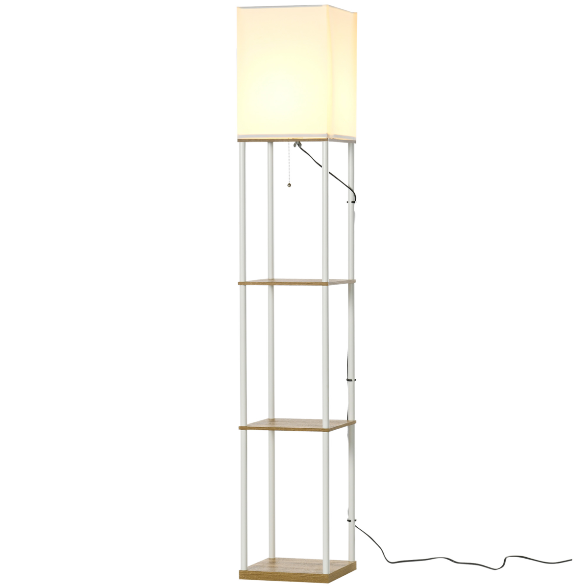 Modern Floor Lamp with Shelves and Fabric Lampshade for Living Room