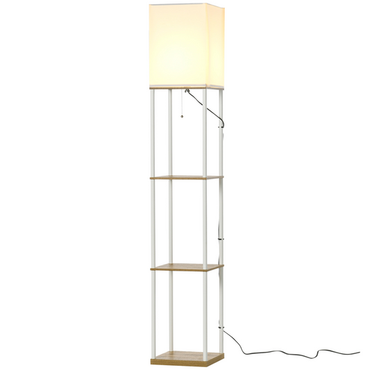 Modern Floor Lamp with Shelves and Fabric Lampshade for Living Room