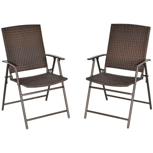 2pcs Rattan Chair Foldable Garden Furniture w/ Armrest Steel Frame