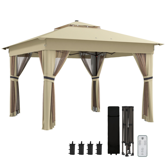 3x3(m) Pop Up Gazebo w/ Solar-Powered LED Lights Curtain Netting Khaki