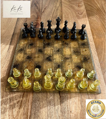 Handmade Gold & Black Resin Chess Board Set