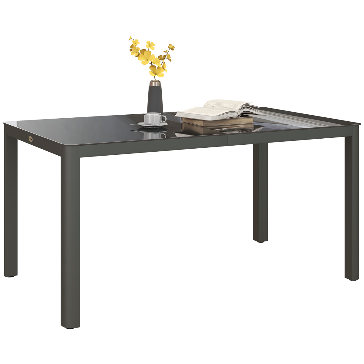 Outdoor Dining Table for 6 with Glass Top, Aluminium Frame, Grey