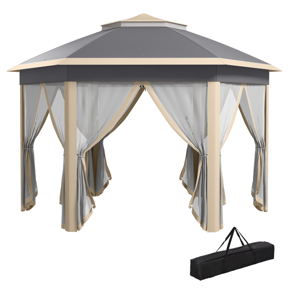 3x4m Hexagon Gazebo w/ Metal Frame Mesh Curtains Outdoor Garden, Khaki