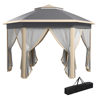 3x4m Hexagon Gazebo w/ Metal Frame Mesh Curtains Outdoor Garden, Khaki