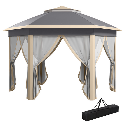 3x4m Hexagon Gazebo w/ Metal Frame Mesh Curtains Outdoor Garden, Khaki