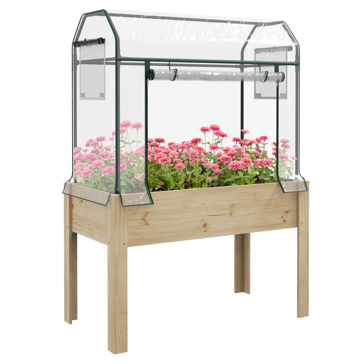 Wooden Raised Planter, Garden Bed with Greenhouse Cover and Bed Liner