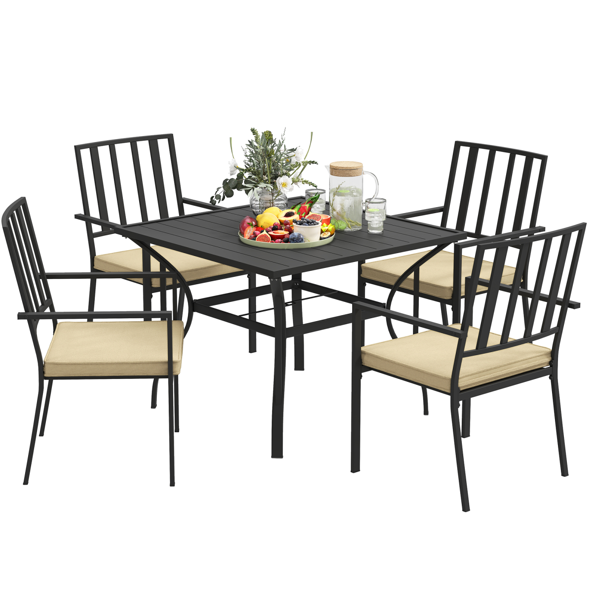 Garden Dining Set w/ 4 Stackable Cushioned Chairs and Metal Top Table