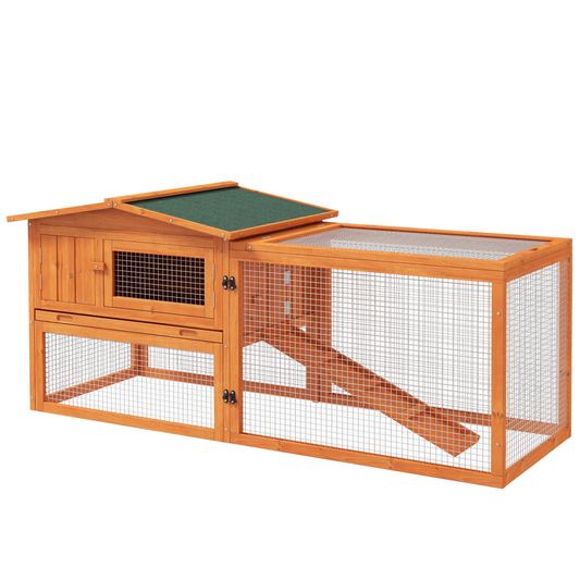 Rabbit Hutch and Run Outdoor Sliding Tray Hay Rack Ramp, 156x58x68 cm