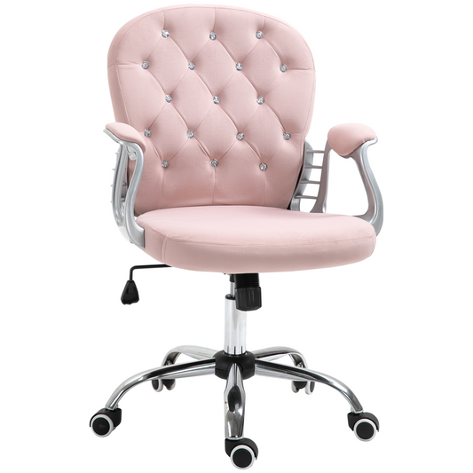 Office Chair Luxury Velour Diamond Tufted Padded Ergonomic 360 Swivel Pink