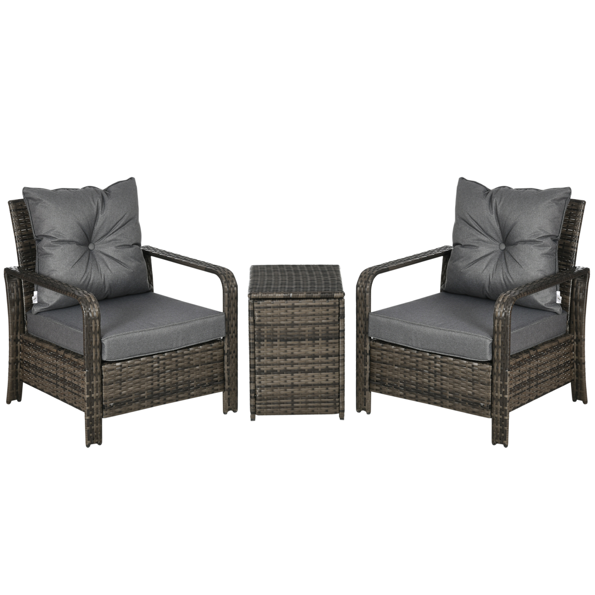 3 Piece PE Rattan Garden Sofa Set w/ 2 Chairs & Storage Table Grey Outsunny