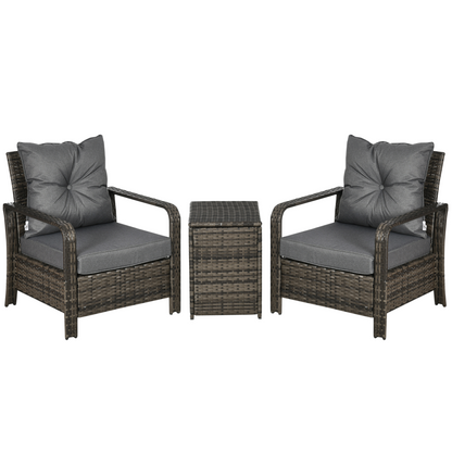 3 Piece PE Rattan Garden Sofa Set w/ 2 Chairs & Storage Table Grey Outsunny