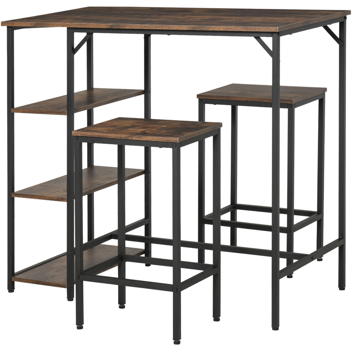 Industrial Bar Height Dining Table Set With 2 Stools & Side Shelf