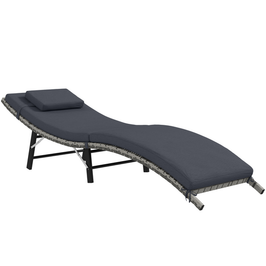 Folding Rattan Sun Lounger Outdoor Chair with Cushion and Pillow, Grey