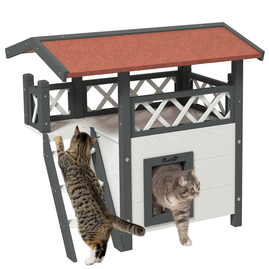 Outdoor Cat House with Balcony Stairs Roof, White