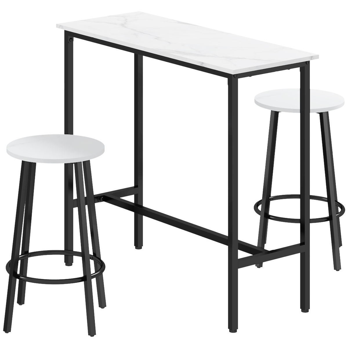 3 Piece Bar Table Set for 2 with Stools Steel Frame Footrest White