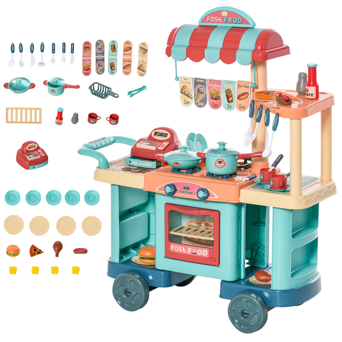 Kids Kitchen Play set Pretend Trolley Cart Toys for Age 3-6 50 Pcs