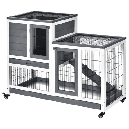 Wooden Rabbit Hutch Bunny Guinea Pigs House Cage Wheels Indoor 110 x 50 x 86cm