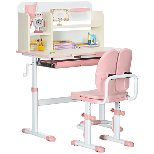 Kids Desk and Chair Set with Storage Shelves, Washable Cover - Pink