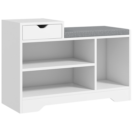 Upholstered Entryway Shoe Bench with Storage Drawer Open Shelf White