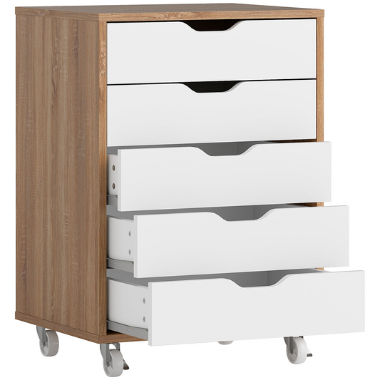 Mobile Filing Cabinet, 5-drawer File Cabinet with Wheels, Oak