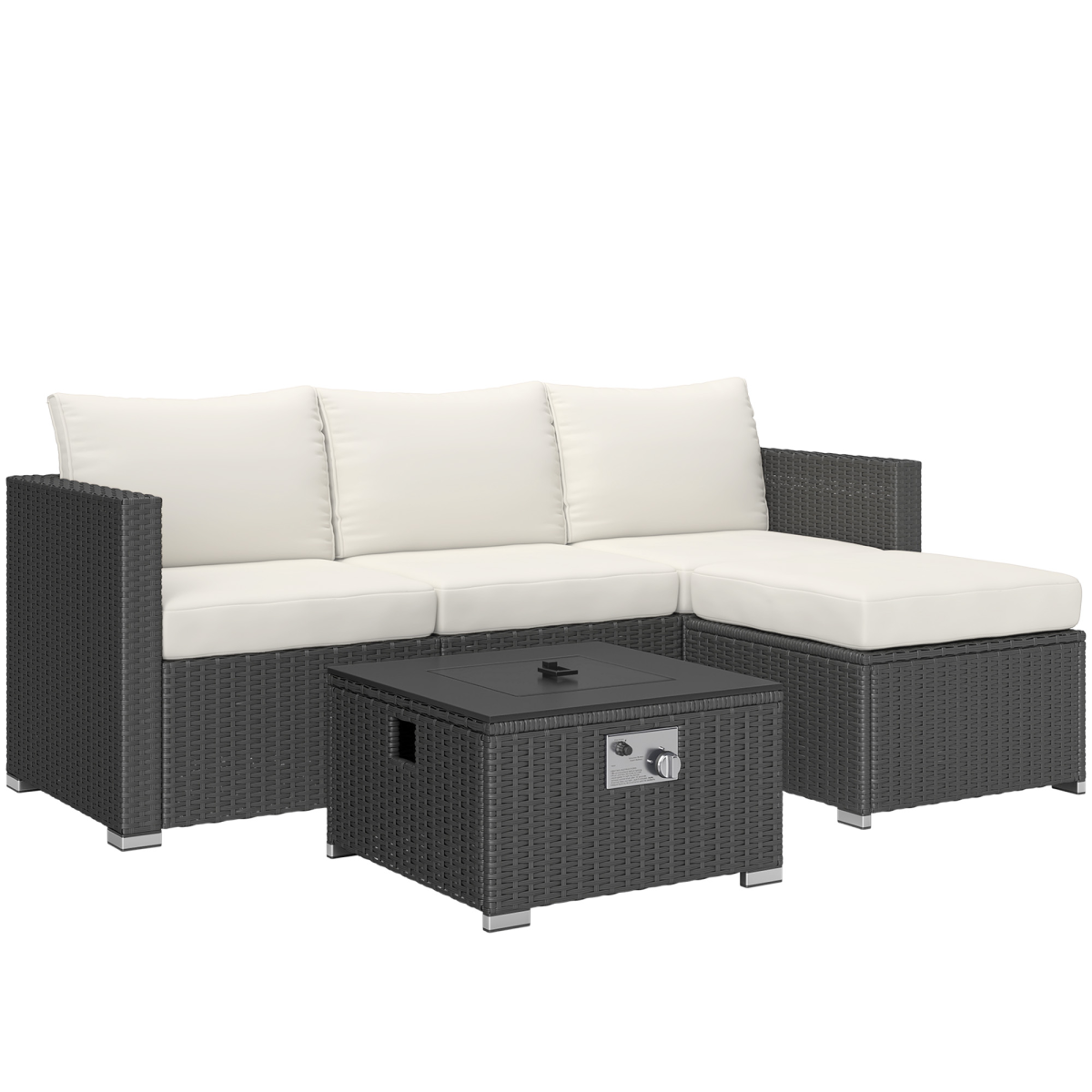4 Seater Rattan Sofa Set with Footstool Thick Cushions Black Cream