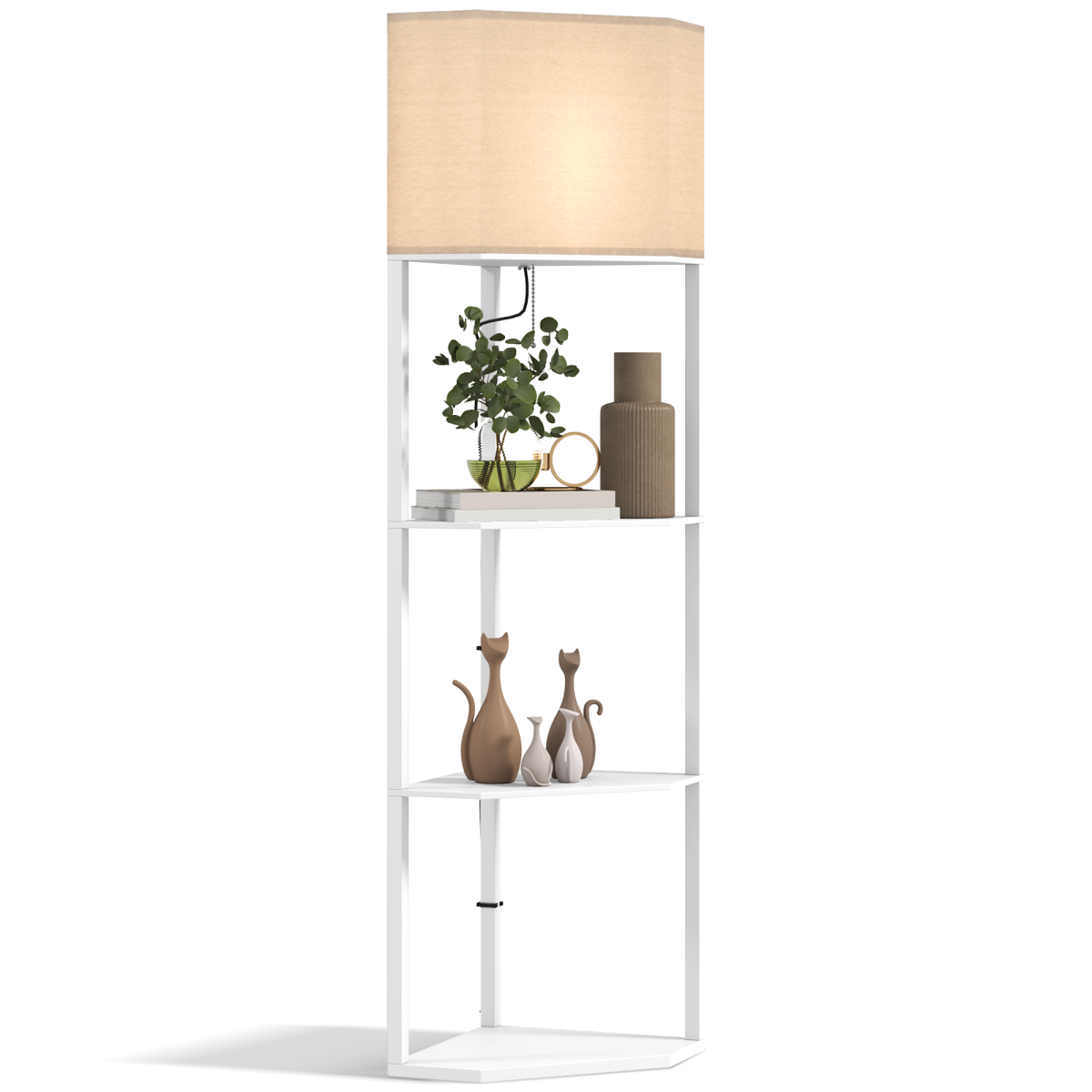Corner Modern Floor Lamp with Shelves for Living Room, Bedroom, White
