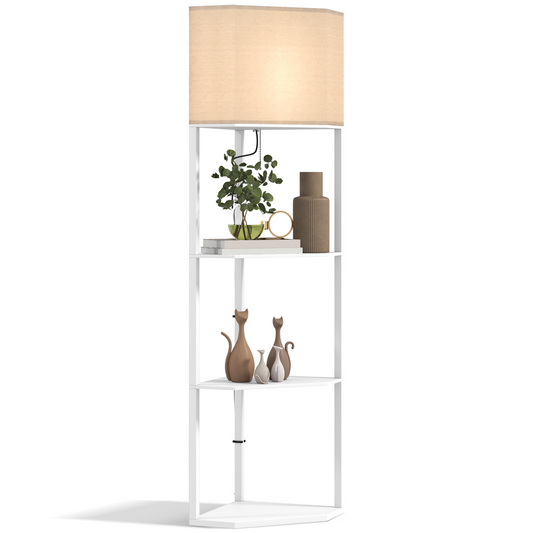 Corner Modern Floor Lamp with Shelves for Living Room, Bedroom, White