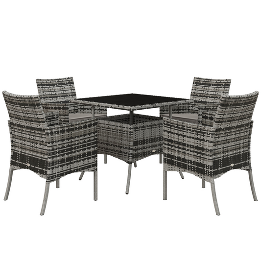 4 Seater Rattan Garden Furniture Set w/ Tempered Glass Tabletop - Grey