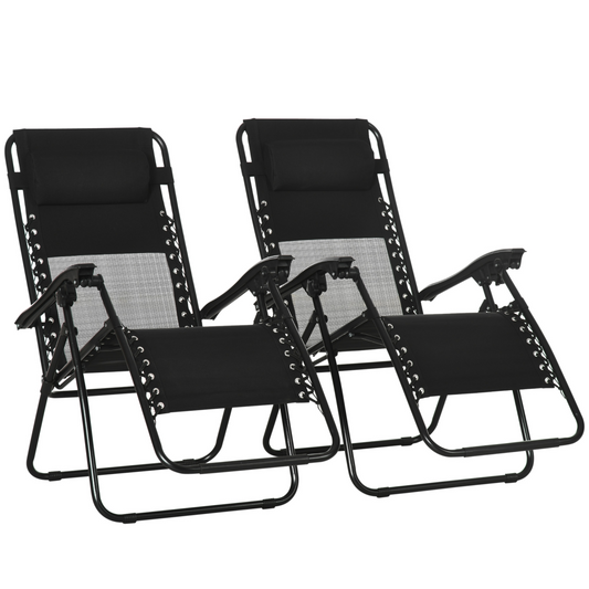 Foldable Garden Recliner Chair Set of 2 w/ Footstool & Headrest, Black