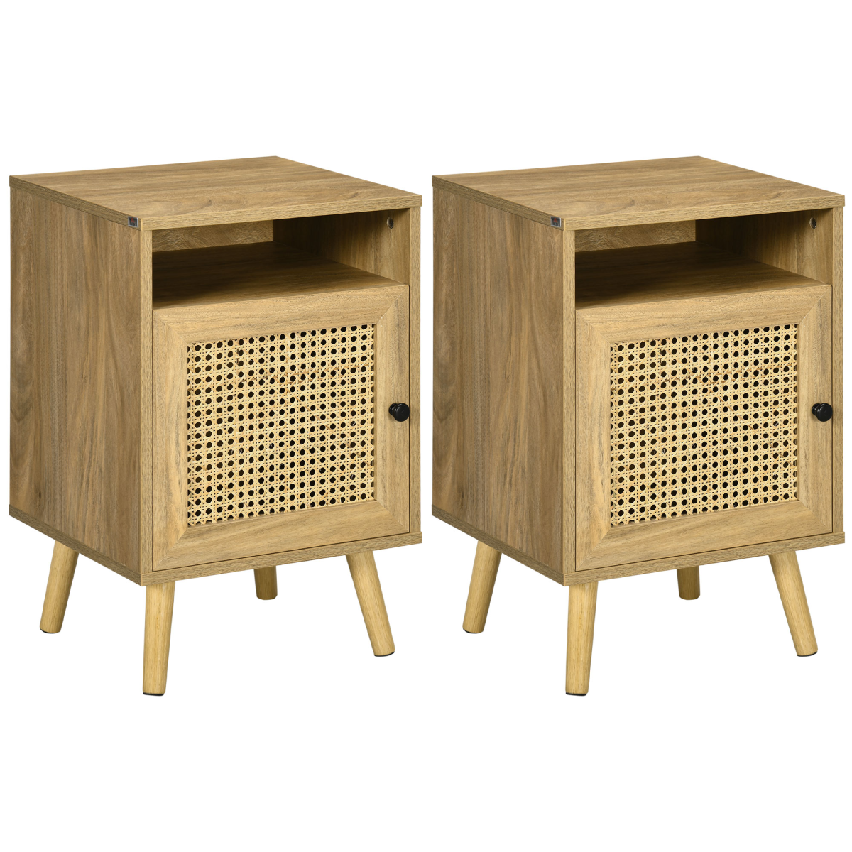 Nightstand, Rattan Bedside Table, Sofa Side Table w/ Cabinet, Shelf