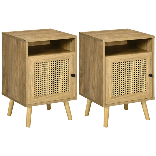 Nightstand, Rattan Bedside Table, Sofa Side Table w/ Cabinet, Shelf
