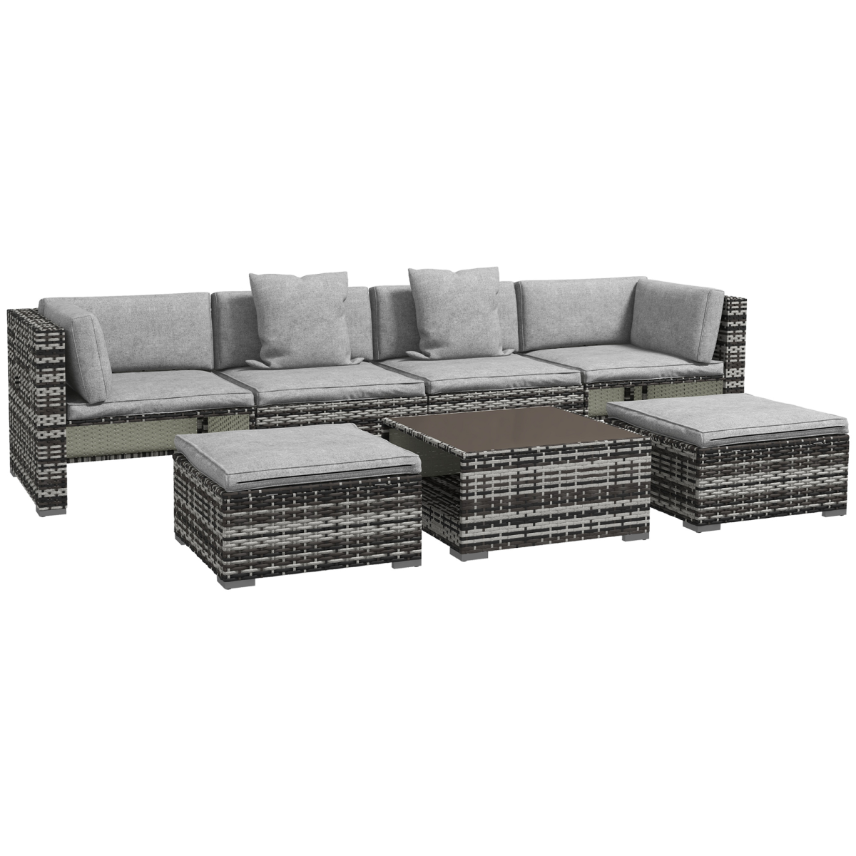 7 PCs Rattan Garden Furniture Set with Side Shelf, Stools, Table, Grey