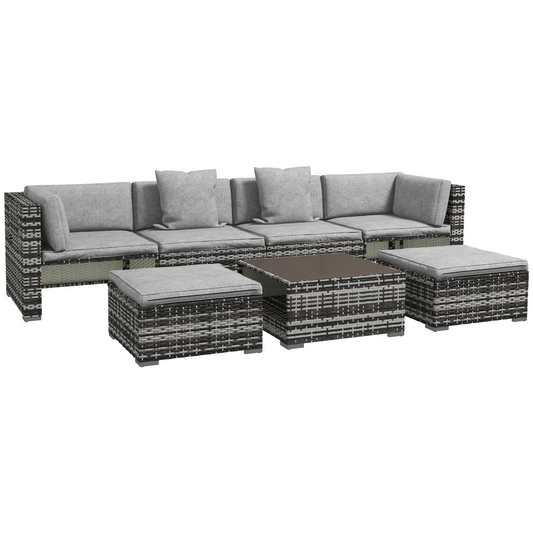 7 PCs Rattan Garden Furniture Set with Side Shelf, Stools, Table, Grey