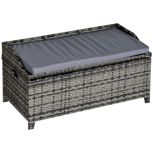PE Rattan Bench Patio Wicker Storage Basket Seat Furniture w/ Cushion
