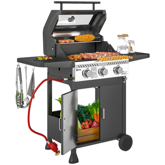 Propane Gas BBQ Grill with See-through Lid and Thermometer 3 Burner