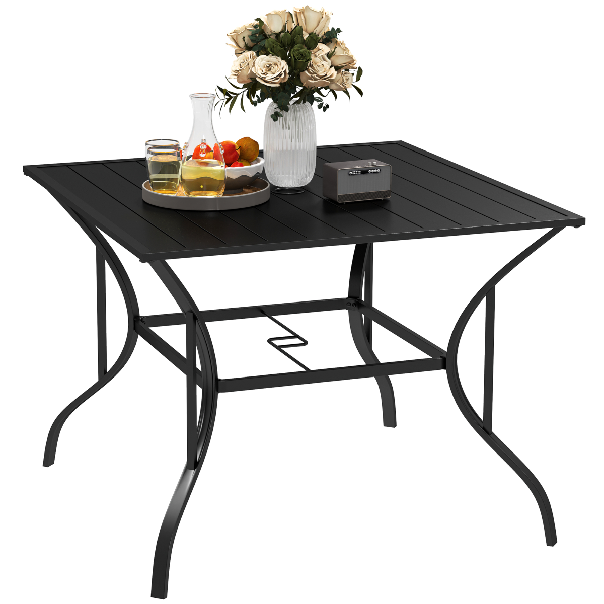 Garden Table with Parasol Hole for Four, Slatted Metal Plate Top