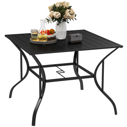 Garden Table with Parasol Hole for Four, Slatted Metal Plate Top