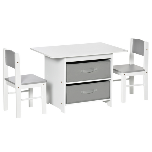 3 Pcs Kids Table & Chairs Set Toddler Furniture Storage Drawers