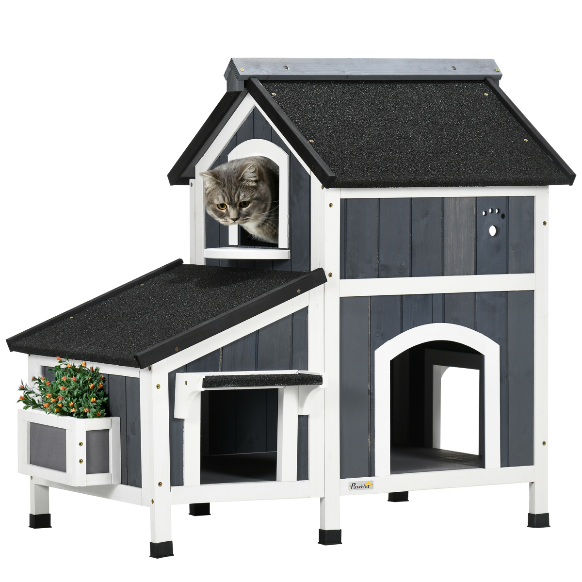 PawHut Wooden Cat House Outdoor w/ Flower Pot, Window, Multiple Entrances