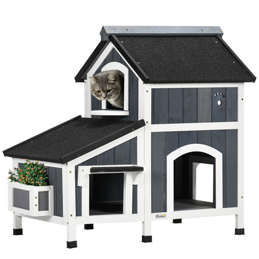 PawHut Wooden Cat House Outdoor w/ Flower Pot, Window, Multiple Entrances