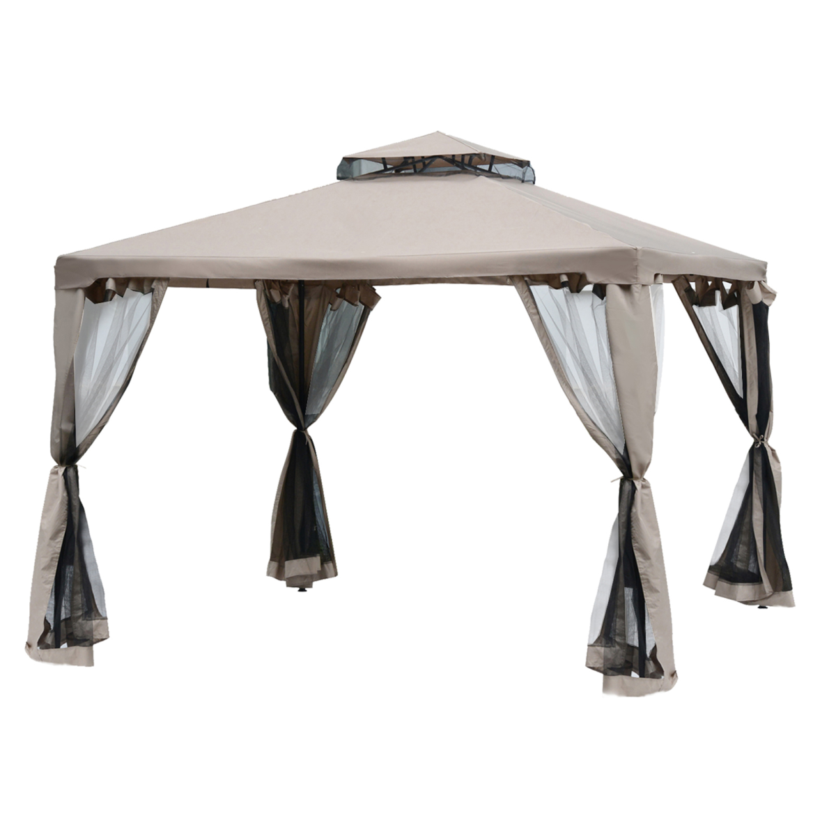Outdoor Gazebo, 2-tier Roof W/Netting, 295L x 295W x 263Hcm-Taupe